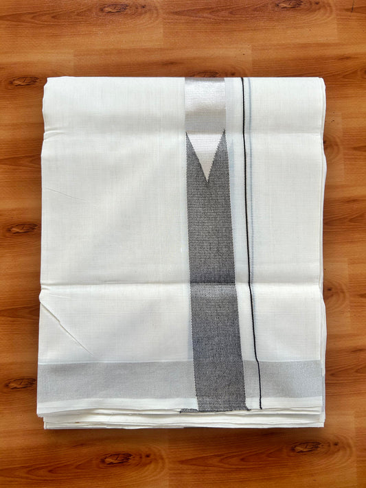 Double Off White - (Unbleached) Mundu/Dothi- 25% Discount!! KaithariKada Handloom Unakkupaav - Kerala Handloom - Pure Cotton - 80X90 - 1.5 inch Puliyilakkara Silver Kasav & Black Shaded Big Chutty Kara 4 mtr (8.5 muzham) - 13 KK5444 YAR
