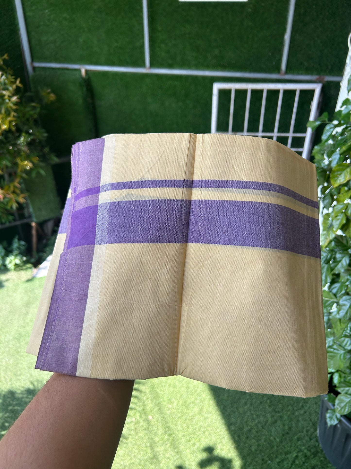 Kannur Kavi - 20% Discount! KaithariKada Balaramapuram  Double Mundu/Dhoti - Pure Cotton - 100x80 - Kannur Yellow colour Body 1.75 Inch Violet kara - 4 mtr - (8.5 muzham) - 5 KK5362 GAN