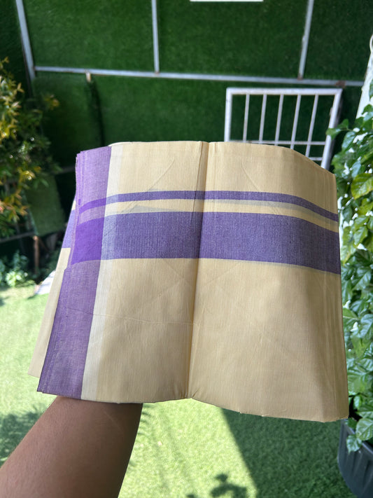 Kannur Kavi - 20% Discount! KaithariKada Balaramapuram  Double Mundu/Dhoti - Pure Cotton - 100x80 - Kannur Yellow colour Body 1.75 Inch Violet kara - 4 mtr - (8.5 muzham) - 5 KK5362 GAN