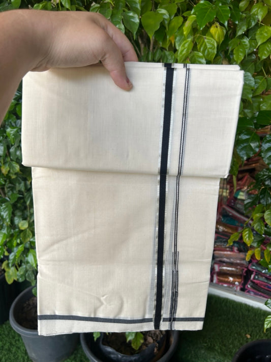 25% DISCOUNT!! KaithariKada HANDLOOM MILPAAV Balaramapuram - 100% PURE Cotton OFF White Double - (Unbleached) Mundu/Dothi - 80x90 - 0.5 Inch Silver Kasavu Black Puliyilakkara chutty - 72KK5234 RAM