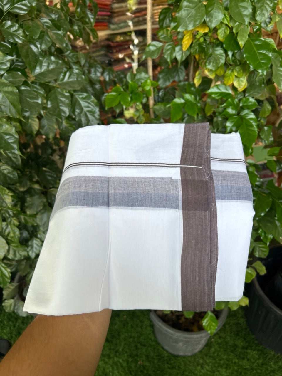 20% Discount ! Kaitharikada Balaramapuram 100% Cotton Pure White Double Mundu/Dothi - 60s - 1.5 inch Light Brown & Dark Brown Kara 3.80 mtr (8 muzham) - 47 KK5299 THI