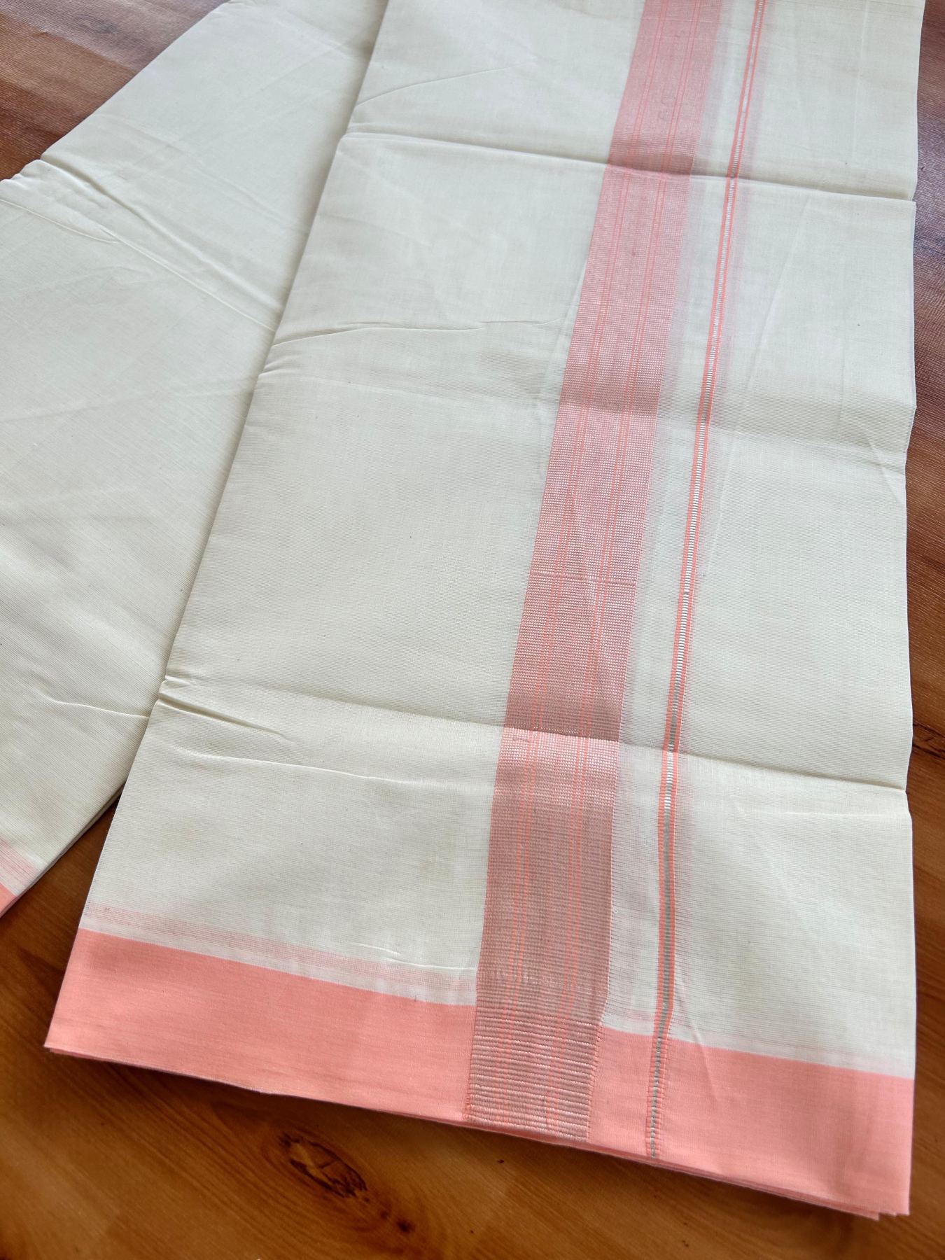 Double Off White (Unbleached) Mundu/Dhoti - 20% Discount! Kaitharikada Pure Cotton - 80x80 - 1.5 Inch Silver Kasav Peach Pink Striped Kara 4 mtr (8.5 muzham) - 4 KK5489 MRH