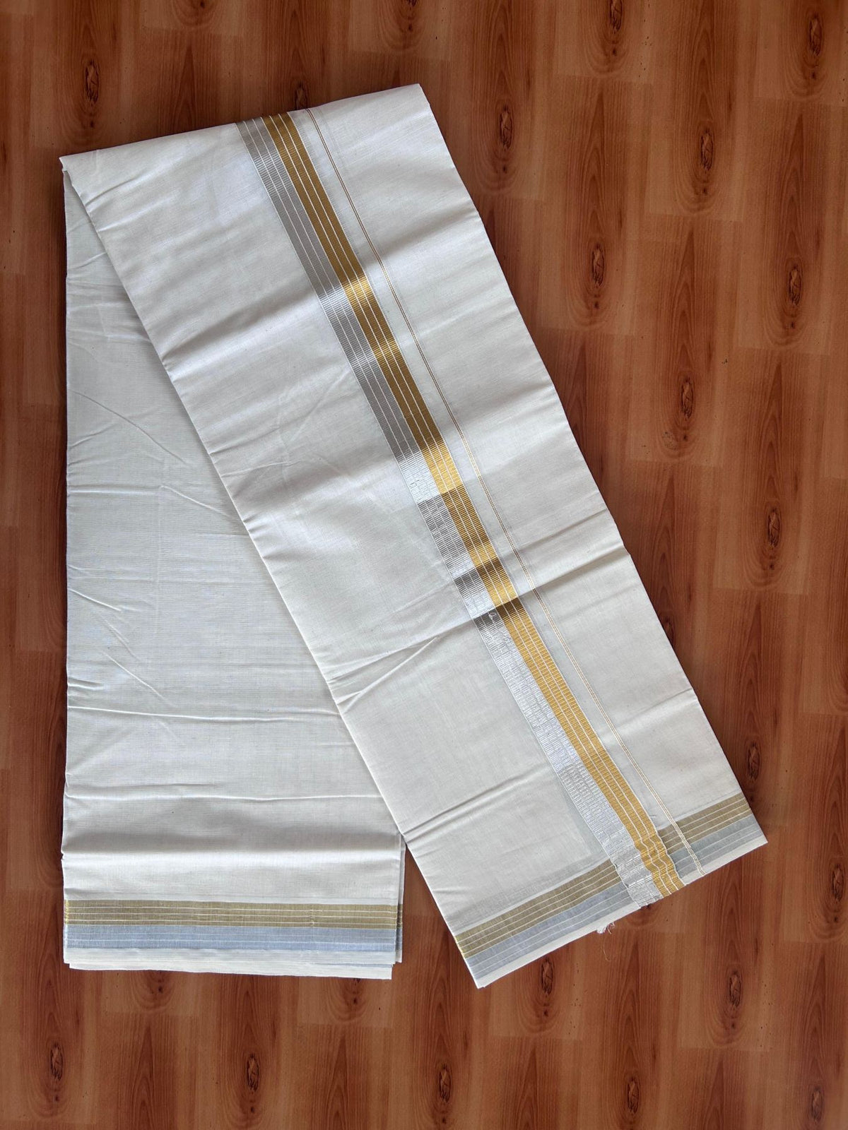 Off White (Unbleached) Double Mundu/Dhoti - 20% Discount ! KaithariKada - Mixed cotton - 80x72 - 1.5 inch Gold & Silver Kasav Striped Kara 4 mtr (8.5 muzham) - 21 KK5514 VIN