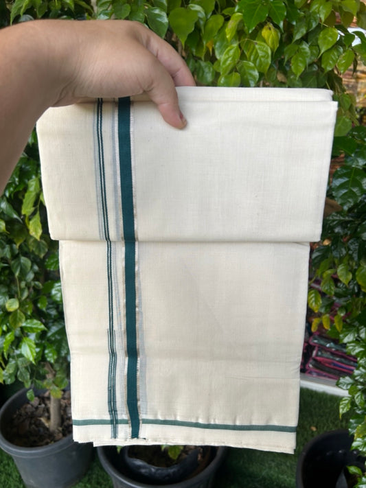 25% DISCOUNT!! KaithariKada HANDLOOM MILPAAV Balaramapuram - 100% PURE Cotton OFF White Double - (Unbleached) Mundu/Dothi - 80x90 - 0.5 Inch Silver Kasavu Dark Green Puliyilakkara chutty - 73KK5234 RAM