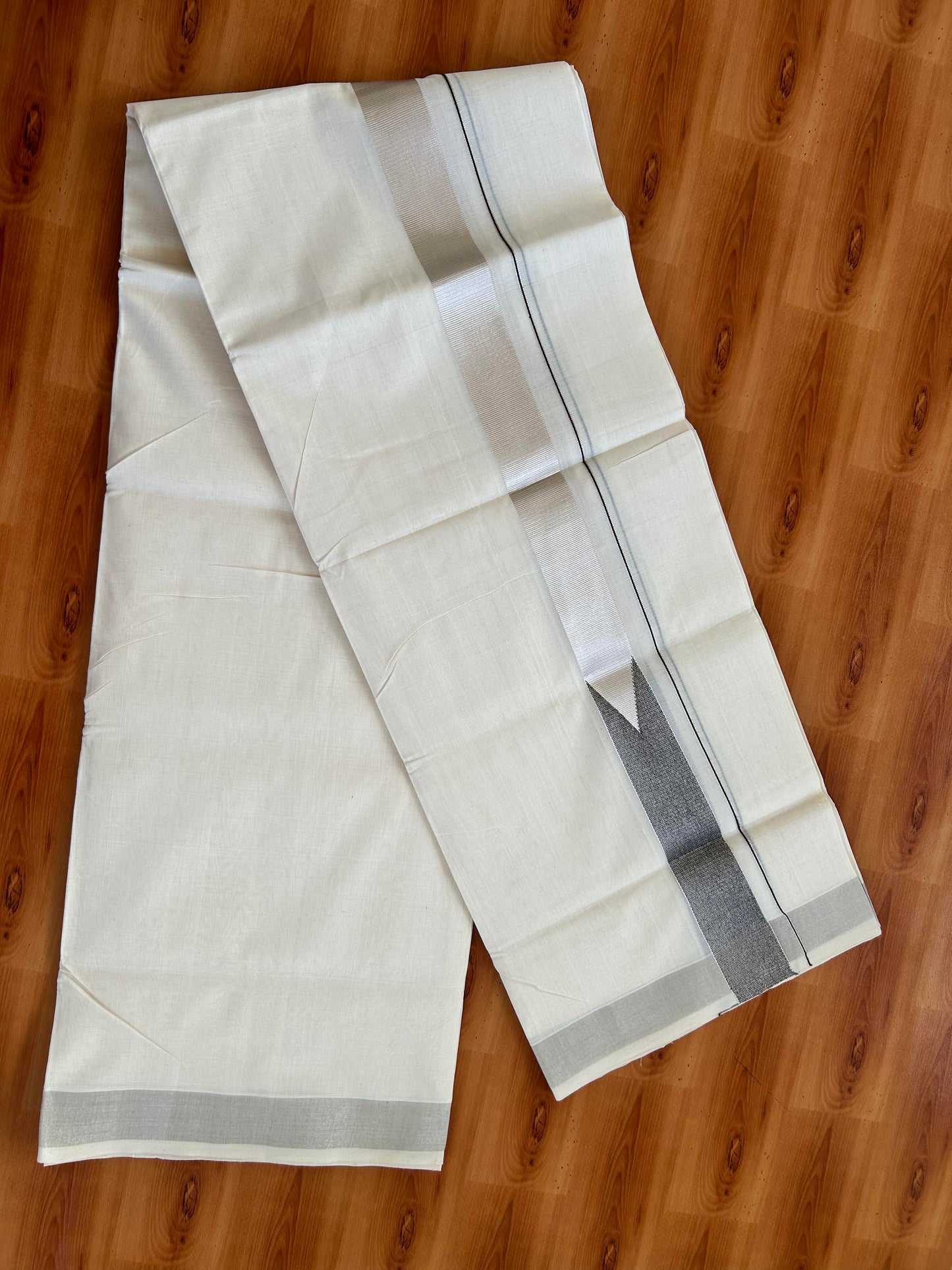Double Off White - (Unbleached) Mundu/Dothi- 25% Discount!! KaithariKada Handloom Unakkupaav - Kerala Handloom - Pure Cotton - 80X90 - 1.5 inch Puliyilakkara Silver Kasav & Black Shaded Big Chutty Kara 4 mtr (8.5 muzham) - 13 KK5444 YAR