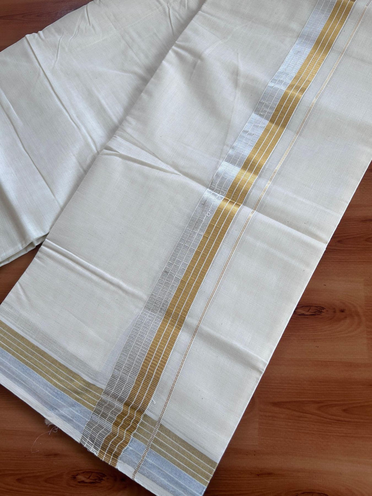 Off White (Unbleached) Double Mundu/Dhoti - 20% Discount ! KaithariKada - Mixed cotton - 80x72 - 1.5 inch Gold & Silver Kasav Striped Kara 4 mtr (8.5 muzham) - 21 KK5514 VIN