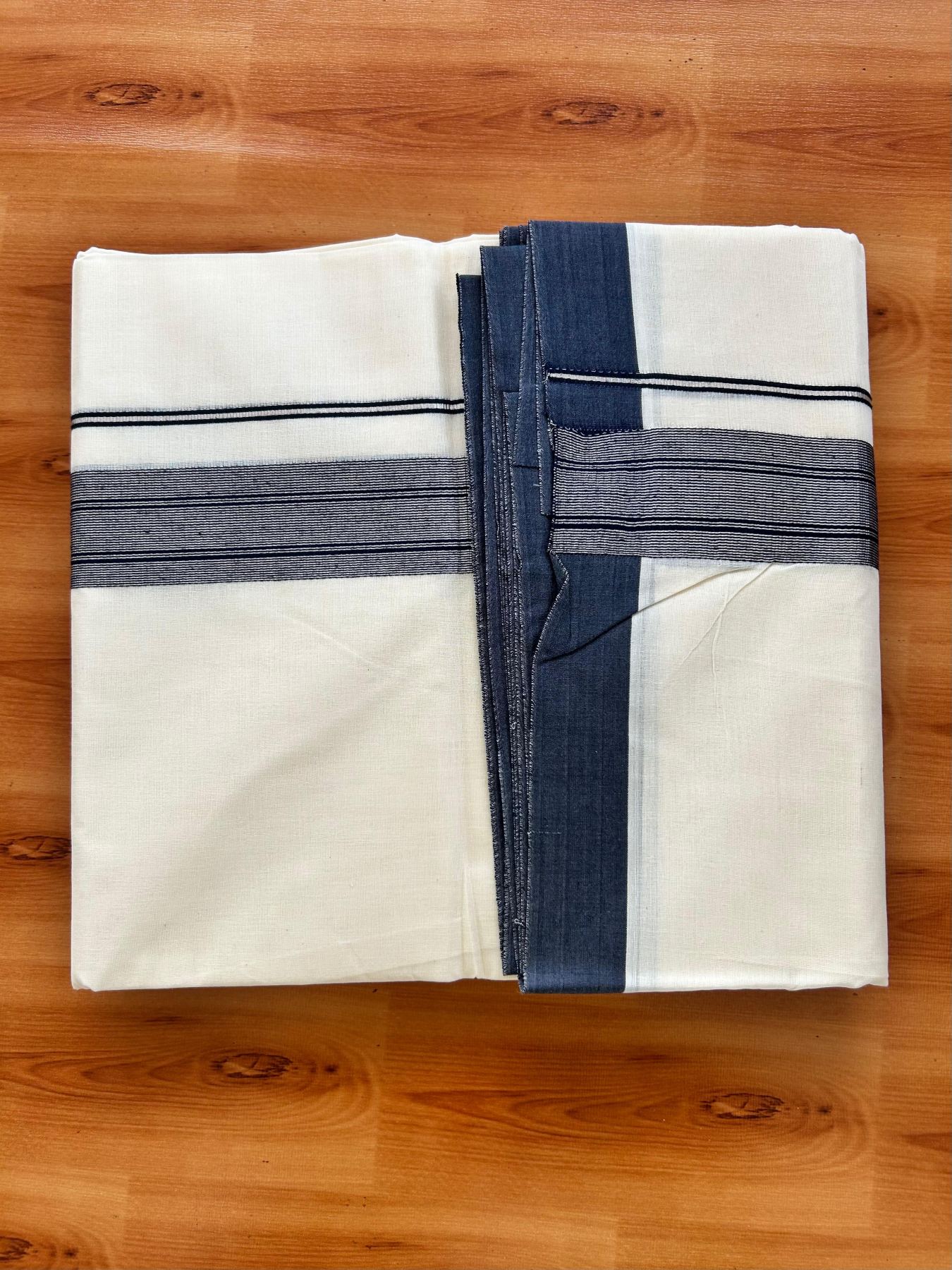 Double Off White (Unbleached) Mundu/Dhoti - 20% Discount! Kaitharikada Pure Cotton - 80x80 - 1.5 Inch Silver Kasav Navy Blue Striped Kara 4 mtr (8.5 muzham) - 5 KK5489 MRH