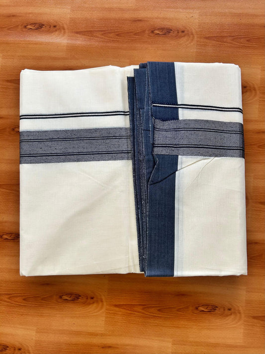 Double Off White (Unbleached) Mundu/Dhoti - 20% Discount! Kaitharikada Pure Cotton - 80x80 - 1.5 Inch Silver Kasav Navy Blue Striped Kara 4 mtr (8.5 muzham) - 5 KK5489 MRH