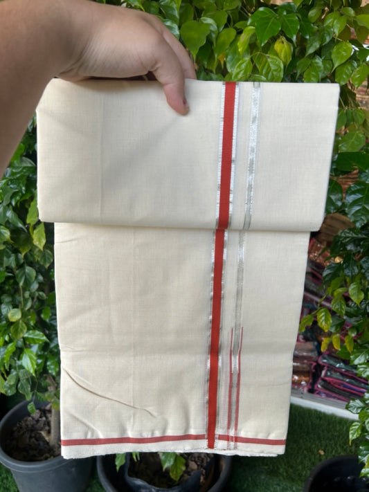 25% DISCOUNT!! KaithariKada HANDLOOM MILPAAV Balaramapuram - 100% PURE Cotton OFF White Double - (Unbleached) Mundu/Dothi - 80x90 - 0.5 Inch Silver Kasavu Brick Orange Puliyilakkara chutty - 77KK5234 RAM