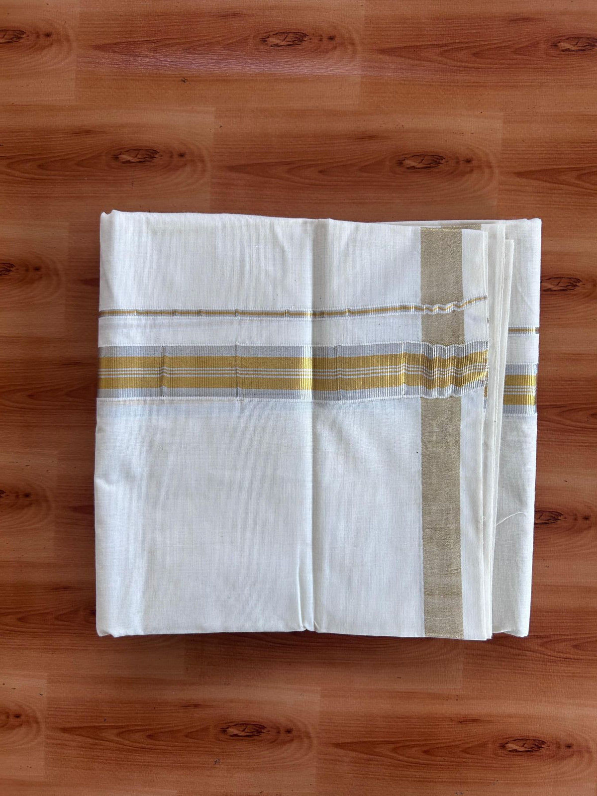 Off White (Unbleached) Double Mundu/Dhoti - 20% Discount ! KaithariKada - Mixed cotton - 80x72 - 1.25 inch Gold & Silver Kasav Striped Kara 4 mtr (8.5 muzham) - 22 KK5514 VIN
