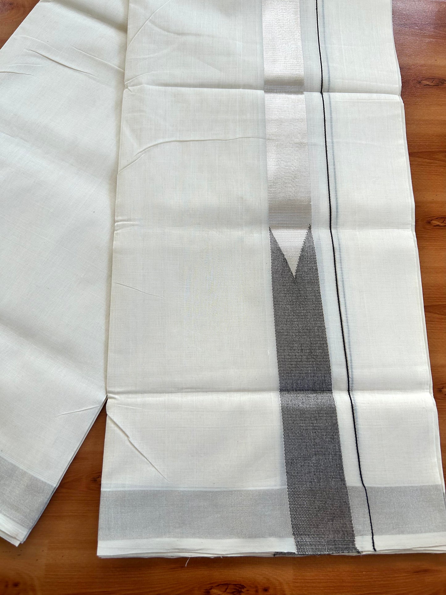 Double Off White - (Unbleached) Mundu/Dothi- 25% Discount!! KaithariKada Handloom Unakkupaav - Kerala Handloom - Pure Cotton - 80X90 - 1.5 inch Puliyilakkara Silver Kasav & Black Shaded Big Chutty Kara 4 mtr (8.5 muzham) - 13 KK5444 YAR