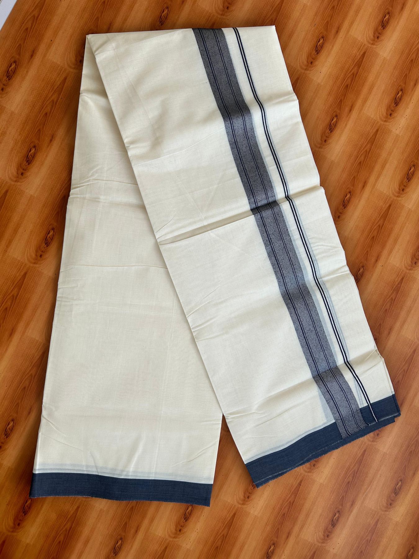 Double Off White (Unbleached) Mundu/Dhoti - 20% Discount! Kaitharikada Pure Cotton - 80x80 - 1.5 Inch Silver Kasav Navy Blue Striped Kara 4 mtr (8.5 muzham) - 5 KK5489 MRH