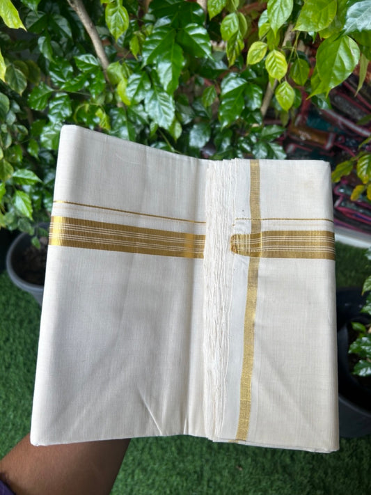 25% DISCOUNT!! KaithariKada HANDLOOM MILPAAV Balaramapuram - 100% PURE Cotton OFF White Double - (Unbleached) Mundu/Dothi - 80x90 - 1 inch Kasavu & White striped Kara - 82 KK5234 RAM