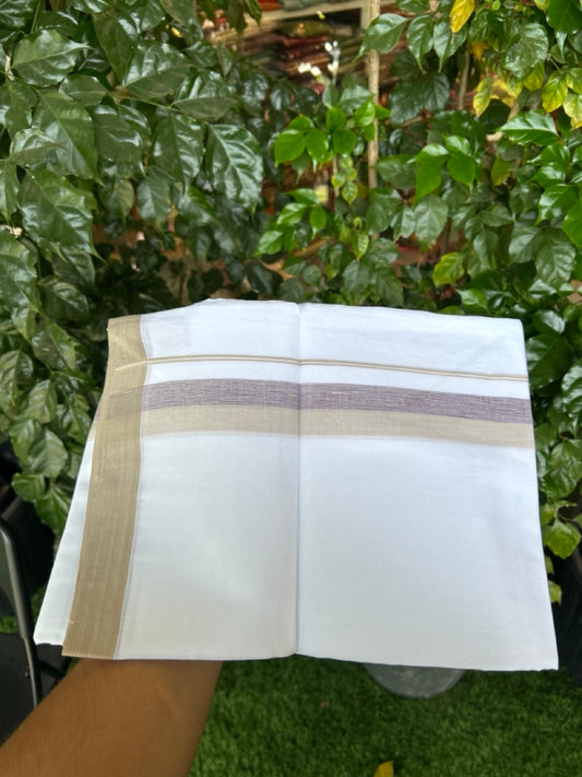 20% Discount ! Kaitharikada Balaramapuram 100% Cotton Pure White Double Mundu/Dothi - 60s - 1.5 inch Beige Brown & Wine Purple Shaded Kara 3.80 mtr (8 muzham) - 58 KK5299 THI