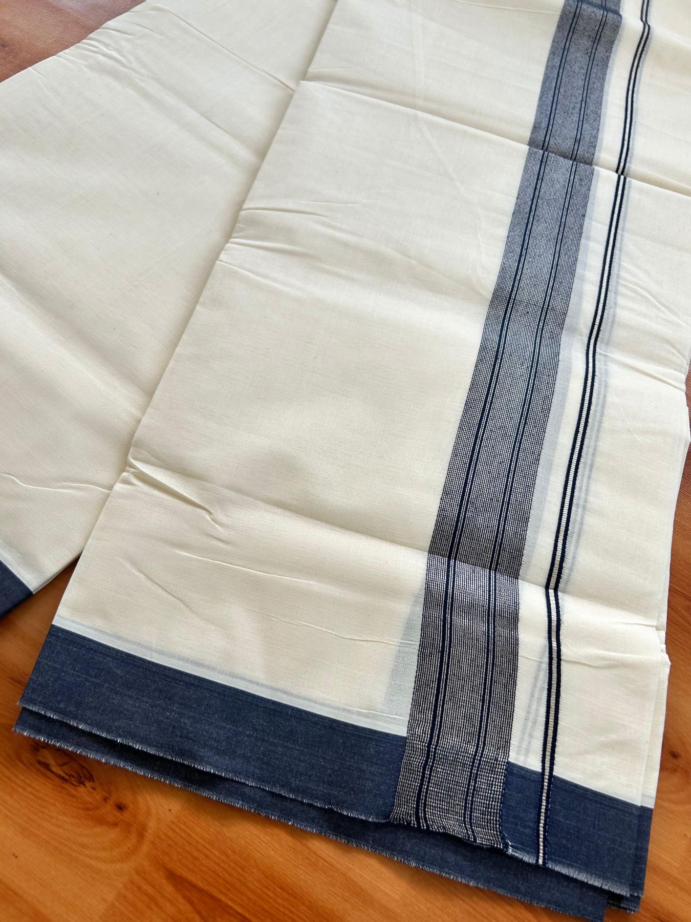 Double Off White (Unbleached) Mundu/Dhoti - 20% Discount! Kaitharikada Pure Cotton - 80x80 - 1.5 Inch Silver Kasav Navy Blue Striped Kara 4 mtr (8.5 muzham) - 5 KK5489 MRH