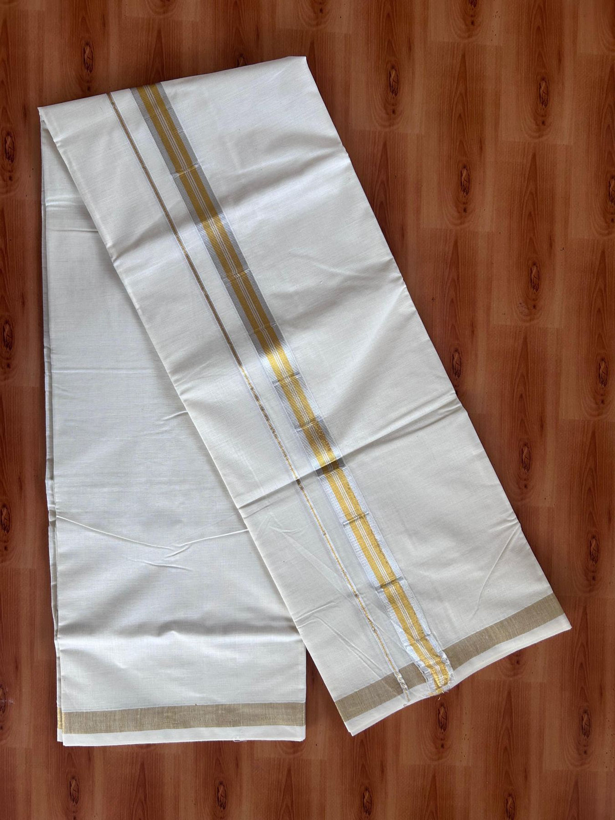 Off White (Unbleached) Double Mundu/Dhoti - 20% Discount ! KaithariKada - Mixed cotton - 80x72 - 1.25 inch Gold & Silver Kasav Striped Kara 4 mtr (8.5 muzham) - 22 KK5514 VIN