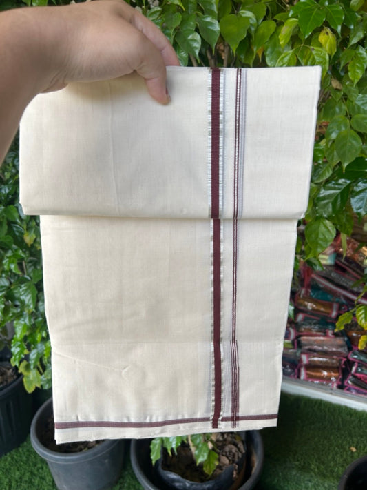 25% DISCOUNT!! KaithariKada HANDLOOM MILPAAV Balaramapuram - 100% PURE Cotton OFF White Double - (Unbleached) Mundu/Dothi - 80x90 - 0.5 Inch Silver Kasavu Brownish Maroon Puliyilakkara chutty - 74KK5234 RAM