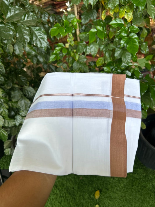 20% Discount ! Kaitharikada Balaramapuram 100% Cotton Pure White Double Mundu/Dothi - 60s - 1.5 inch Light Blue & Brown Shaded Kara 3.80 mtr (8 muzham) - 54 KK5299 THI