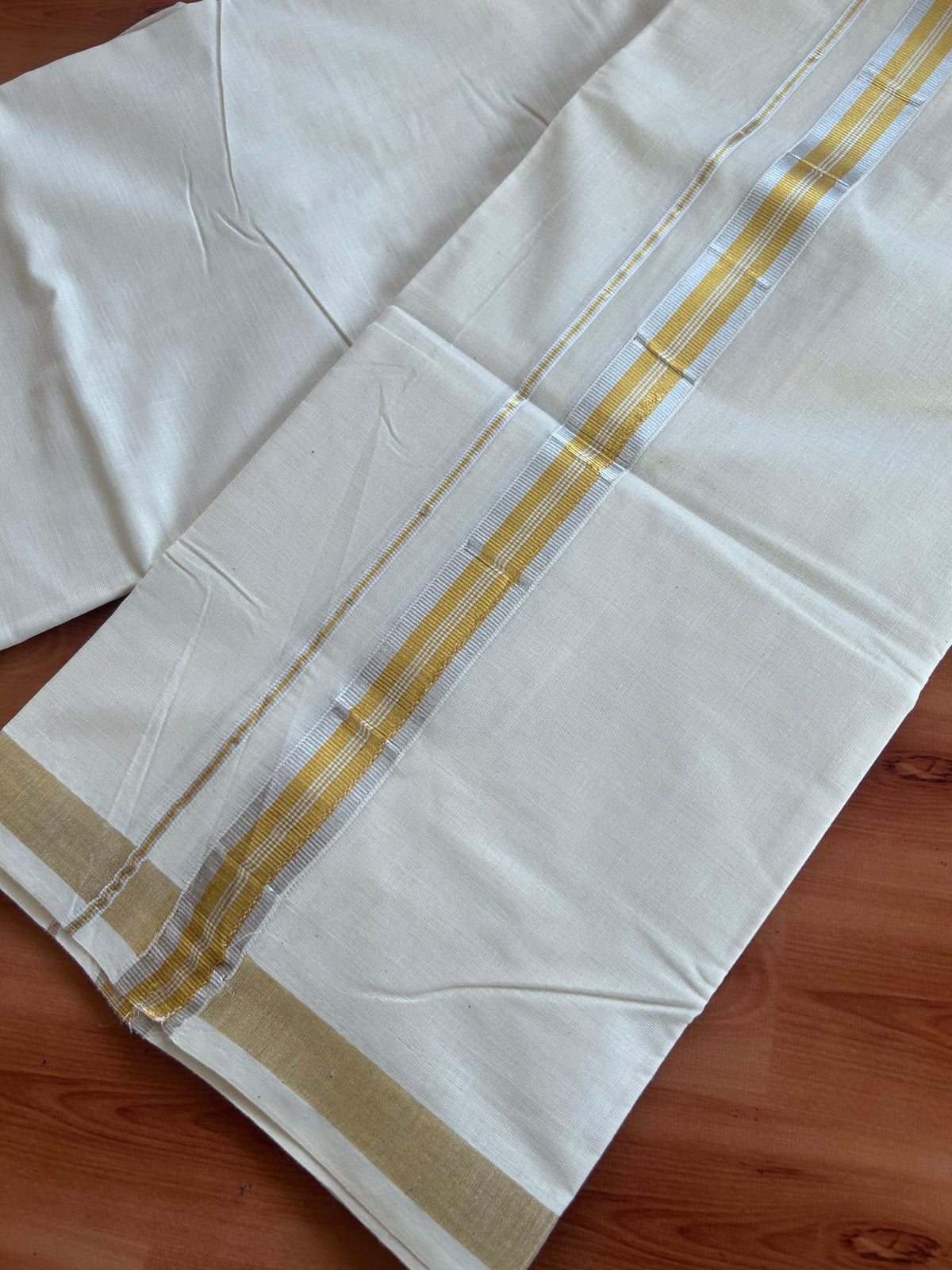 Off White (Unbleached) Double Mundu/Dhoti - 20% Discount ! KaithariKada - Mixed cotton - 80x72 - 1.25 inch Gold & Silver Kasav Striped Kara 4 mtr (8.5 muzham) - 22 KK5514 VIN