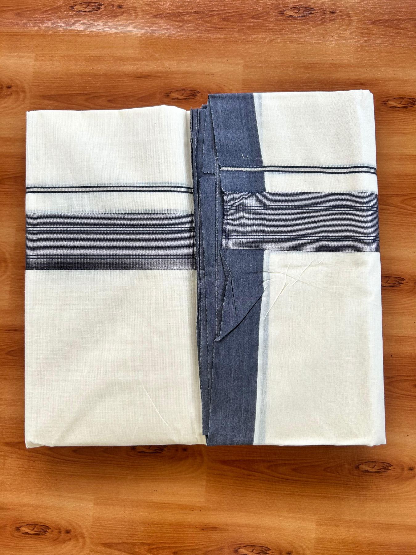 Double Off White (Unbleached) Mundu/Dhoti - 20% Discount! Kaitharikada Pure Cotton - 80x80 - 1.5 Inch Silver Kasav Dark Ash Blue Striped Kara 4 mtr (8.5 muzham) - 6 KK5489 MRH