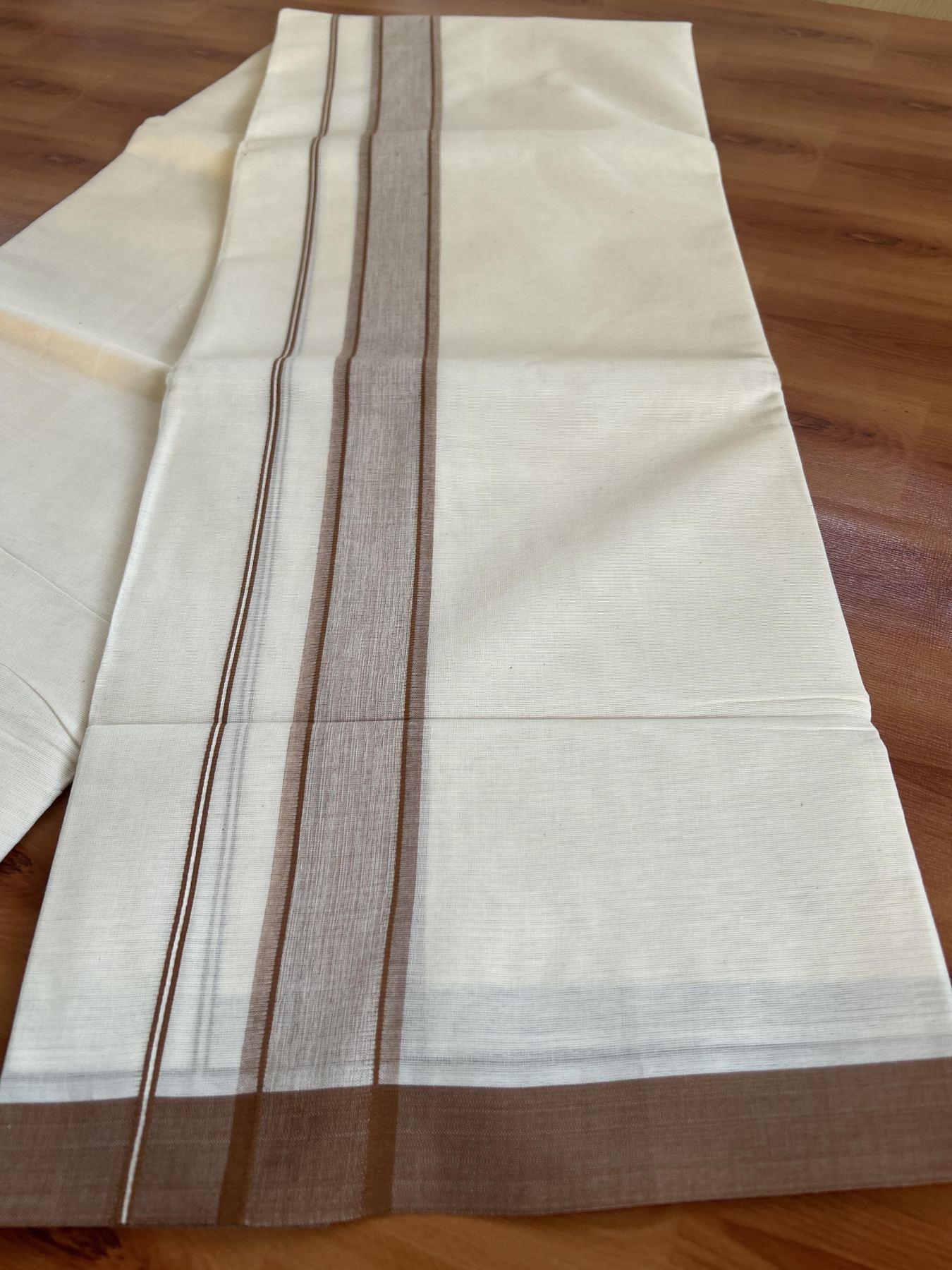 Double Off White (unbleached) Mundu/Dhoti - 20% Discount ! KaithariKada Balaramapuram - 100% Cotton - 60s- 1.5 inch Silver Kasav & Brown Shaded Kara 4 mtr (8.5 muzham) - 1 KK5398 PMC