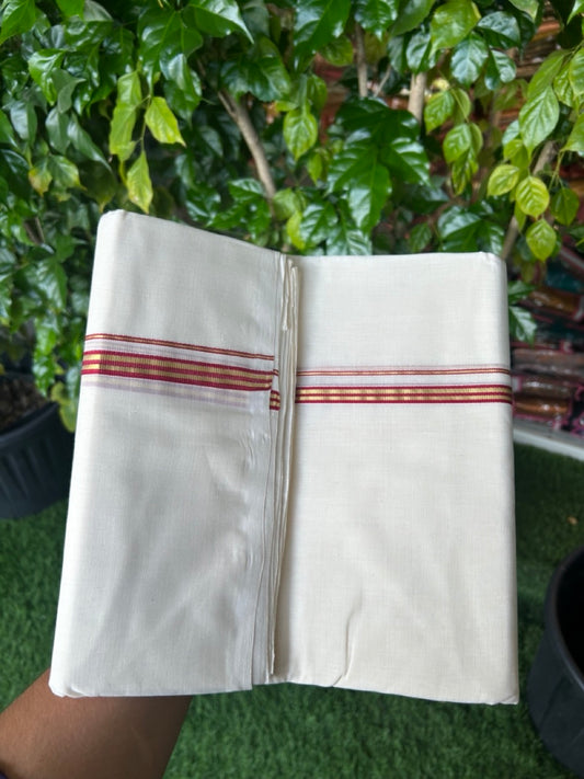 25% DISCOUNT!! KaithariKada HANDLOOM MILPAAV Balaramapuram - 100% PURE Cotton OFF White Double - (Unbleached) Mundu/Dothi - 80x90 - 0.5 inch Kasavu & Maroon striped Kara - 79KK5234 RAM