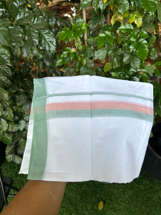 20% Discount ! Kaitharikada Balaramapuram 100% Cotton Pure White Double Mundu/Dothi - 60s - 1.5 inch Light Green & Light Orange Shaded Kara 3.80 mtr (8 muzham) - 59 KK5299 THI