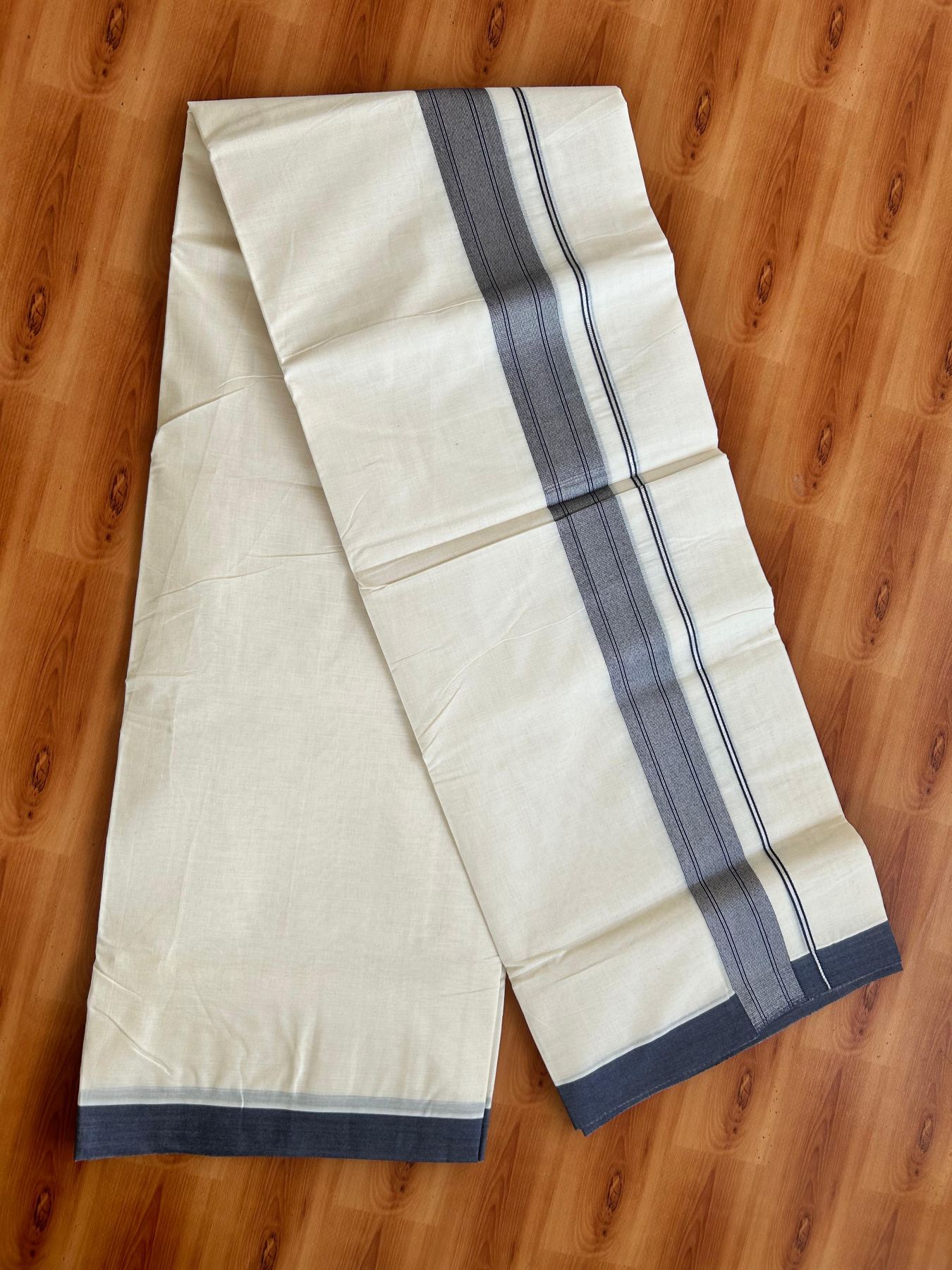 Double Off White (Unbleached) Mundu/Dhoti - 20% Discount! Kaitharikada Pure Cotton - 80x80 - 1.5 Inch Silver Kasav Dark Ash Blue Striped Kara 4 mtr (8.5 muzham) - 6 KK5489 MRH