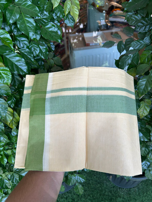 Kannur Kavi - 20% Discount! KaithariKada Balaramapuram  Double Mundu/Dhoti - Pure Cotton - 100x80 - Kannur Yellow colour Body 1.75 Inch Light Green kara - 4 mtr - (8.5 muzham) - 1 KK5362 GAN