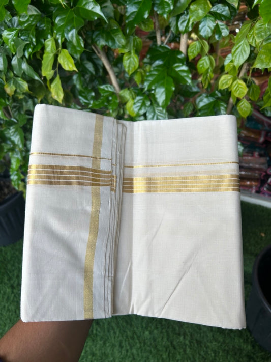25% DISCOUNT!! KaithariKada HANDLOOM MILPAAV Balaramapuram - 100% PURE Cotton OFF White Double - (Unbleached) Mundu/Dothi - 80x90 - 1 inch Kasavu & White striped Kara - 83 KK5234 RAM