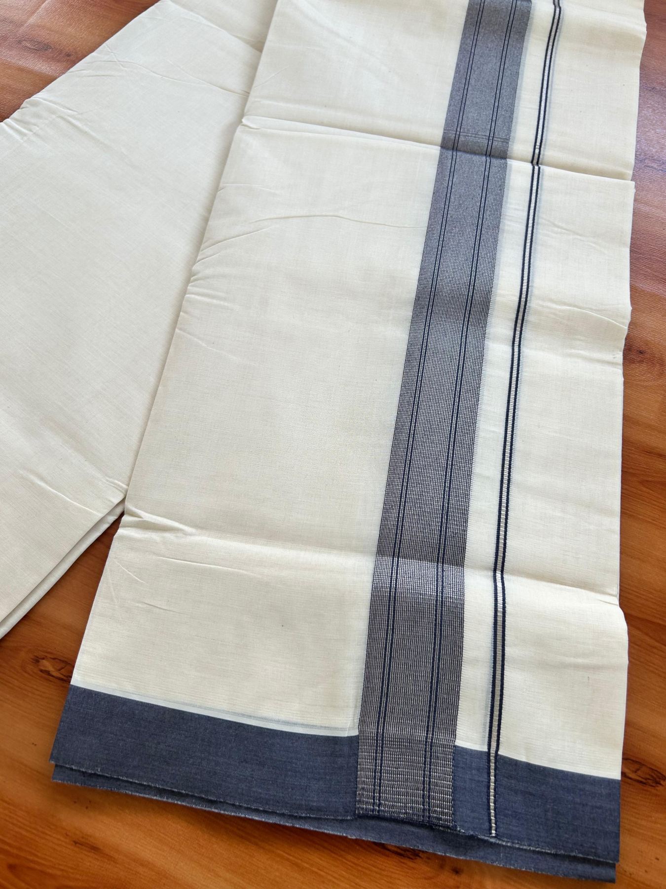 Double Off White (Unbleached) Mundu/Dhoti - 20% Discount! Kaitharikada Pure Cotton - 80x80 - 1.5 Inch Silver Kasav Dark Ash Blue Striped Kara 4 mtr (8.5 muzham) - 6 KK5489 MRH