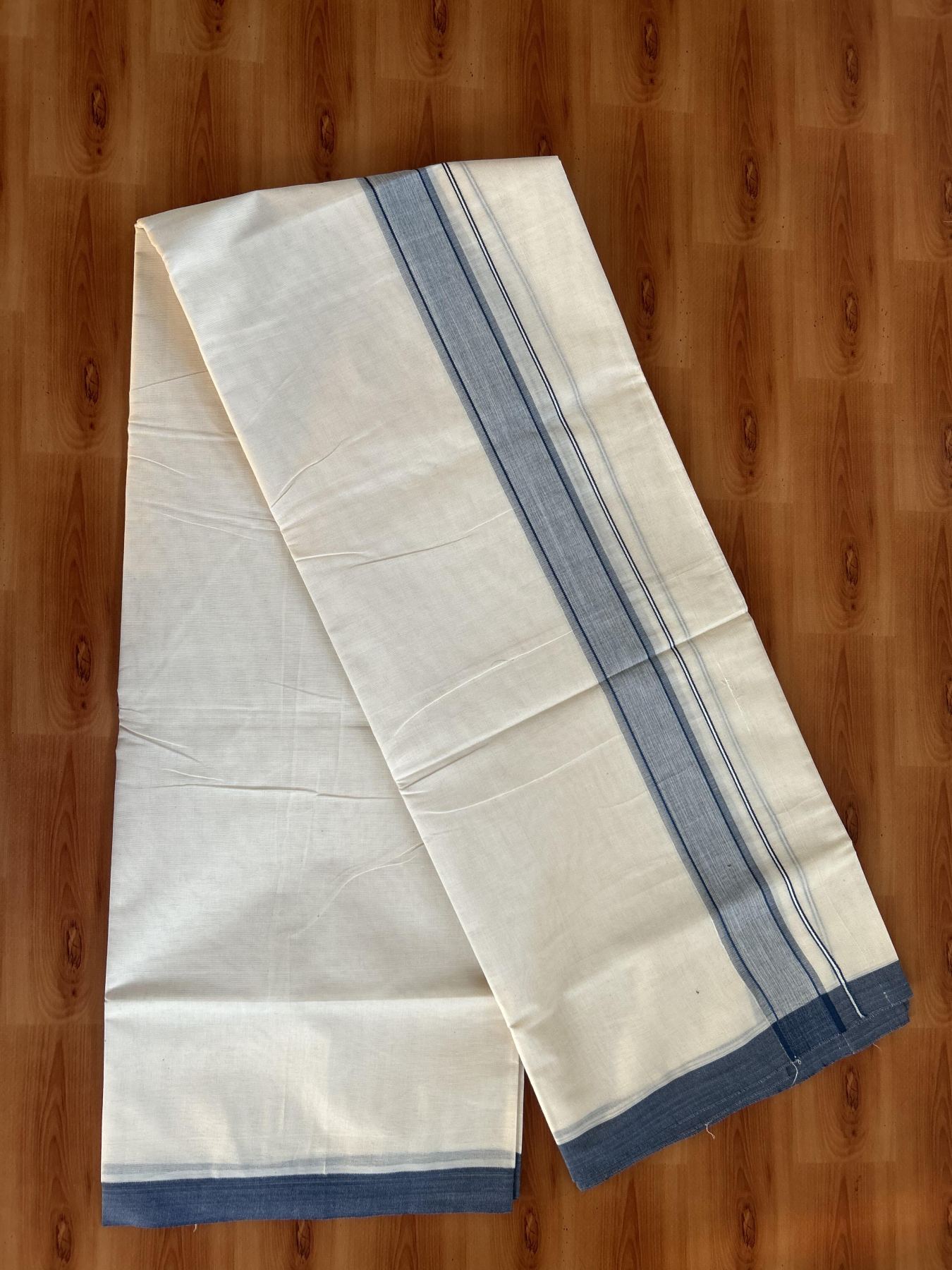 Double Off White Mundu/Dhoti- 20% Discount! KaithariKada Balaramapuram 100% Cotton - 60s - 1.25 inch Blue Shaded Kara 4 mtr (8.5 muzham) - 21 KK5398 PMC
