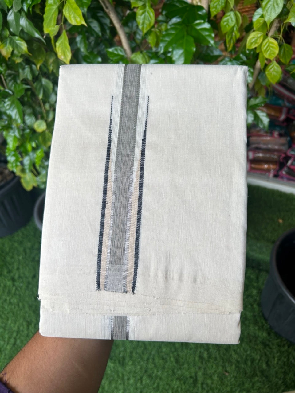 Handloom Linen Dhoti New! 25% Discount from Kaitharikada.com - Balaramapuram Handloom Unakkupaav - Off white - Double Mundu/Dhoti 80x90 Thread - Pure Cotton + Linen - 1.5 Inch Silver Kasavu Cream & Black striped chutty - 86 KK5234 RAM