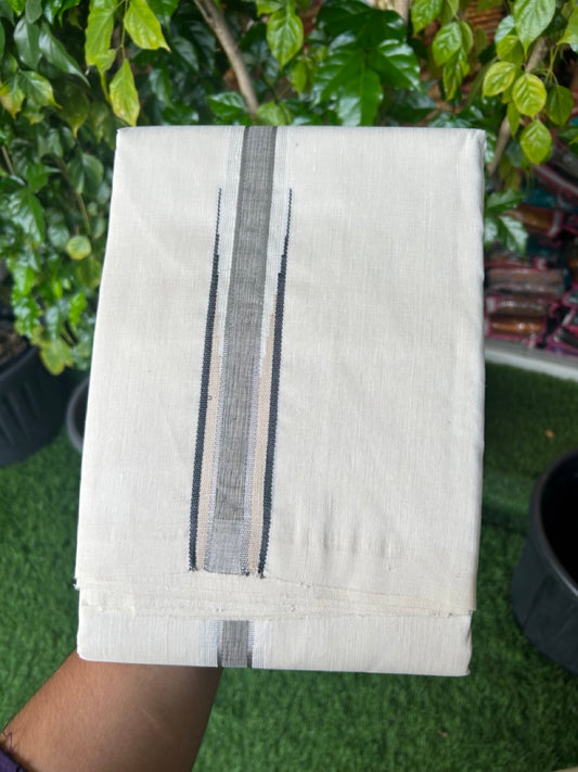 Handloom Linen Dhoti New! 25% Discount from Kaitharikada.com - Balaramapuram Handloom Unakkupaav - Off white - Double Mundu/Dhoti 80x90 Thread - Pure Cotton + Linen - 1.5 Inch Silver Kasavu Cream & Black striped chutty - 86 KK5234 RAM