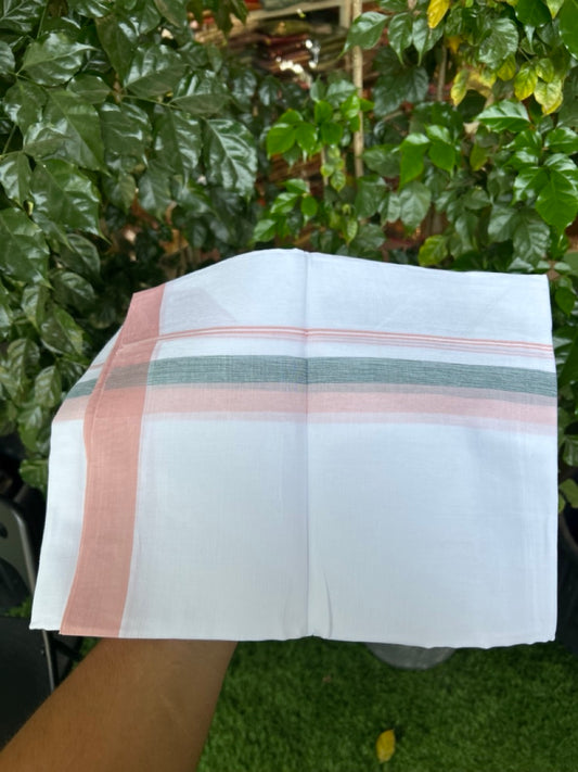 20% Discount ! Kaitharikada Balaramapuram 100% Cotton Pure White Double Mundu/Dothi - 60s - 1.5 inch Green & Light Peach Kara 3.80 mtr (8 muzham) - 45 KK5299 THI