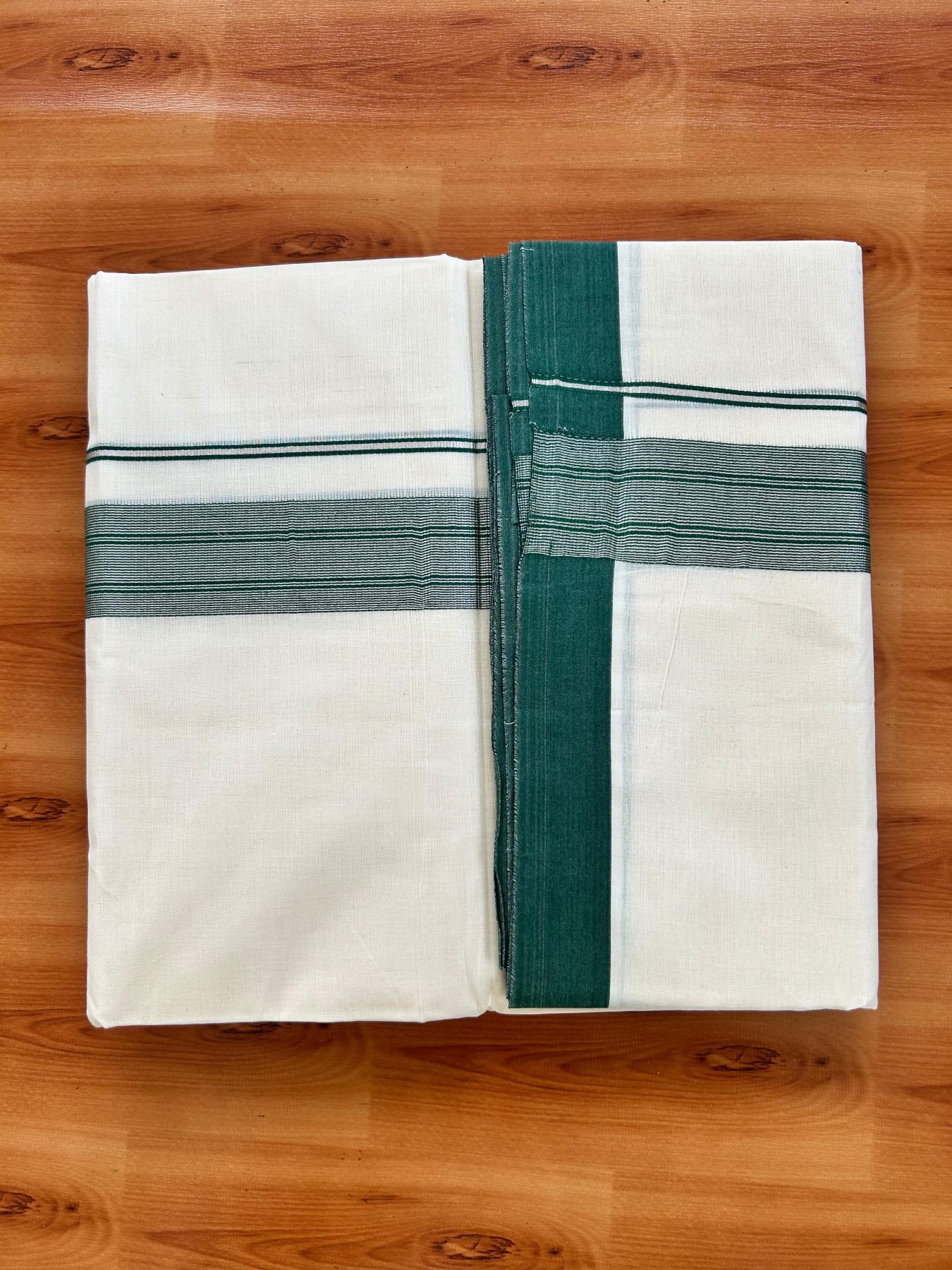 Double Off White (Unbleached) Mundu/Dhoti - 20% Discount! Kaitharikada Pure Cotton - 80x80 - 1.5 Inch Silver Kasav Green Striped Kara 4 mtr (8.5 muzham) - 7 KK5489 MRH