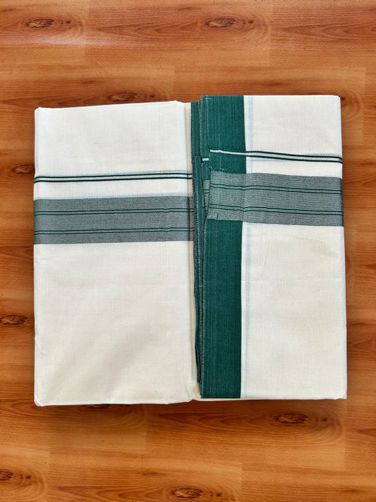 Double Off White (Unbleached) Mundu/Dhoti - 20% Discount! Kaitharikada Pure Cotton - 80x80 - 1.5 Inch Silver Kasav Green Striped Kara 4 mtr (8.5 muzham) - 7 KK5489 MRH