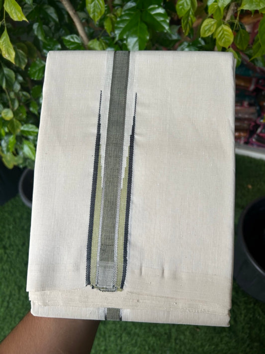Handloom Linen Dhoti New! 25% Discount from Kaitharikada.com - Balaramapuram Handloom Unakkupaav - Off white - Double Mundu/Dhoti 80x90 Thread - Pure Cotton + Linen - 1.5 Inch Silver Kasavu Olive green & Black striped chutty - 89 KK5234 RAM