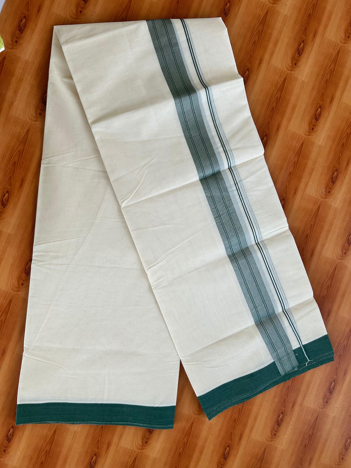 Double Off White (Unbleached) Mundu/Dhoti - 20% Discount! Kaitharikada Pure Cotton - 80x80 - 1.5 Inch Silver Kasav Green Striped Kara 4 mtr (8.5 muzham) - 7 KK5489 MRH