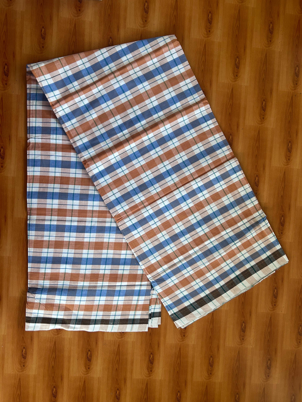 Kerala Handloom - Signature Kaitharikada - 100% Pure Cotton - 2/60sX40s Twisted Thread - Handloom Single Mundu/Dhoti - Blue Brown & Multi colour Check Body  - 2.40 mtr - 47 KK8080 KAL