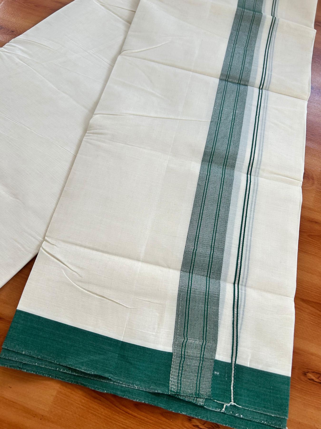 Double Off White (Unbleached) Mundu/Dhoti - 20% Discount! Kaitharikada Pure Cotton - 80x80 - 1.5 Inch Silver Kasav Green Striped Kara 4 mtr (8.5 muzham) - 7 KK5489 MRH