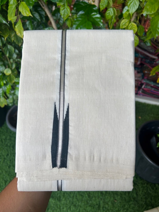 Handloom Linen Dhoti New! 25% Discount from Kaitharikada.com - Balaramapuram Handloom Unakkupaav - Off white - Double Mundu/Dhoti 80x90 Thread - Pure Cotton + Linen - 1 Inch Silver Kasavu Black chutty - 90 KK5234 RAM