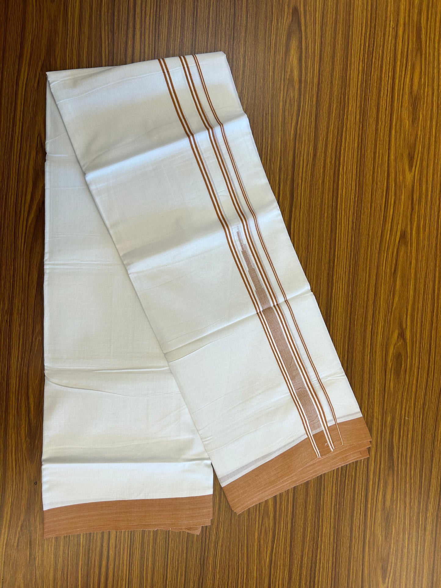 20% Discount ! Kaitharikada Balaramapuram 100% Pure Cotton Double Pure White Mundu/Dhoti - 100x80 - 1.25 inch Orange Brown shaded striped Temple chutty 3.90 mtr (8.5 muzham) - 123 KK5361 PMC