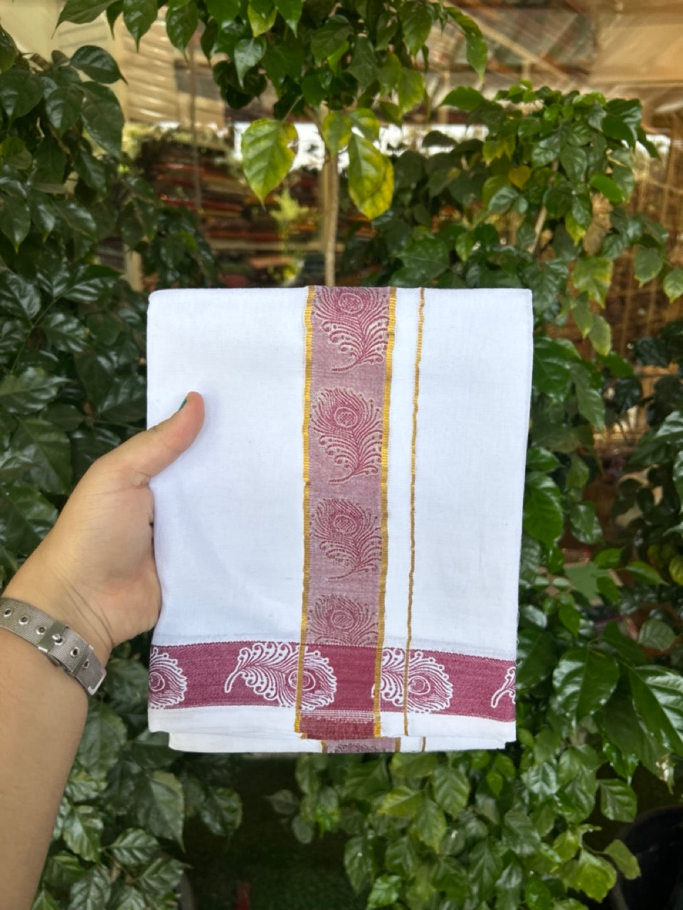 20% Discount ! Kaitharikada Balaramapuram 100% Pure Cotton Double Pure White Mundu/Dothi - 100x100 - 1.75 inch Gold Kasav Maroon Feather Design jacquard Kara 3.80 mtr (8 muzham) - 66 KK5299 THI