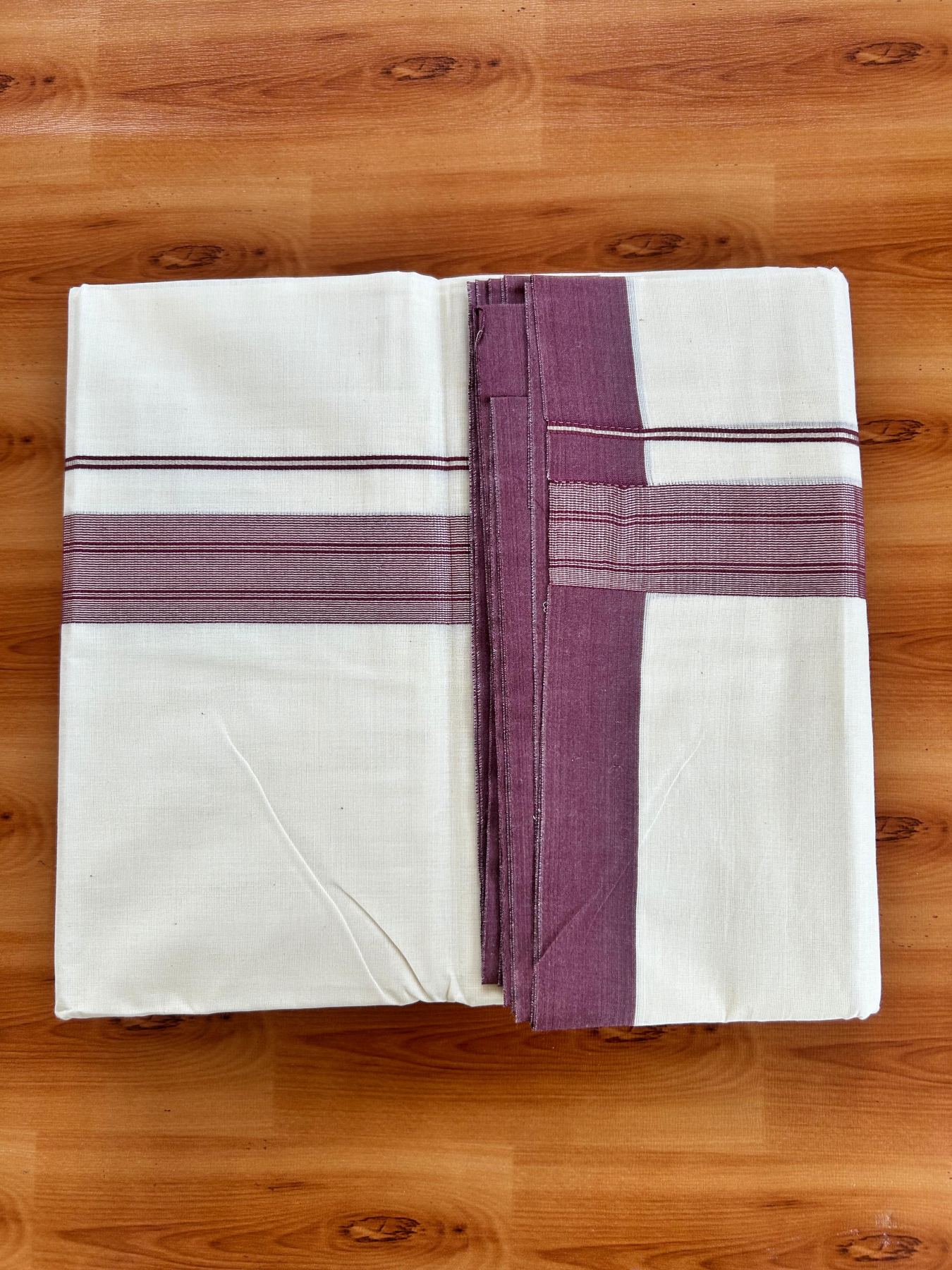Double Off White (Unbleached) Mundu/Dhoti - 20% Discount! Kaitharikada Pure Cotton - 80x80 - 1.5 Inch Silver Kasav Maroon purple Striped Kara 4 mtr (8.5 muzham) - 8 KK5489 MRH
