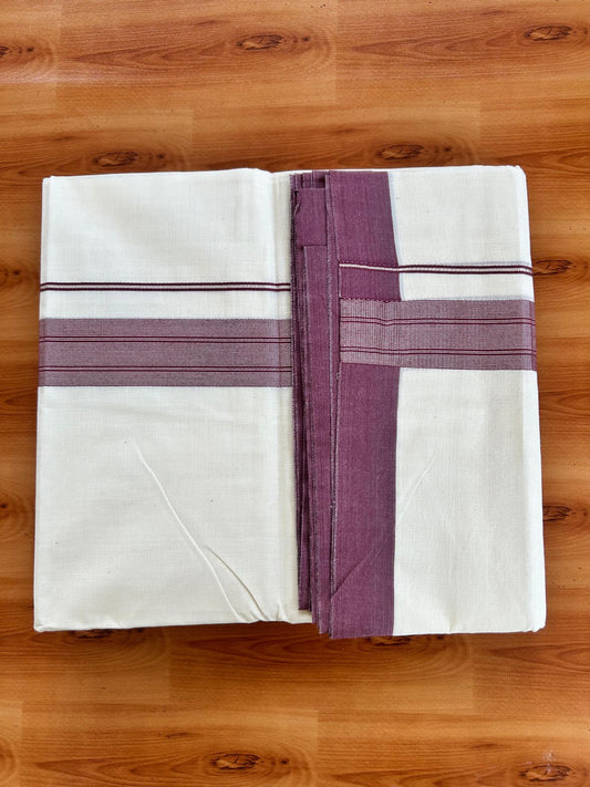 Double Off White (Unbleached) Mundu/Dhoti - 20% Discount! Kaitharikada Pure Cotton - 80x80 - 1.5 Inch Silver Kasav Maroon purple Striped Kara 4 mtr (8.5 muzham) - 8 KK5489 MRH