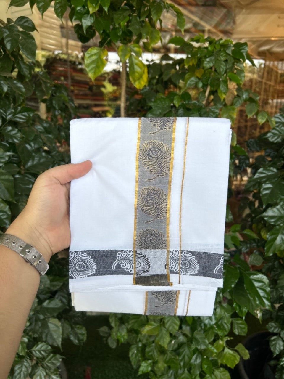 20% Discount ! Kaitharikada Balaramapuram 100% Pure Cotton Double Pure White Mundu/Dothi - 100x100 - 1.75 inch Gold Kasav Black Feather Design jacquard Kara 3.80 mtr (8 muzham) - 65 KK5299 THI