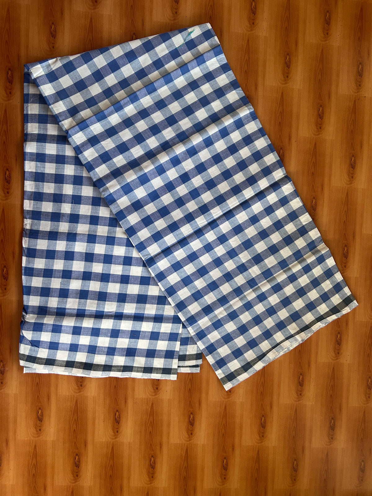 Kerala Handloom - Signature Kaitharikada - 100% Pure Cotton - 2/60sX40s Twisted Thread - Handloom Single Mundu/Dhoti - Blue & White Check Body  - 2.45 mtr - 48 KK8080 KAL