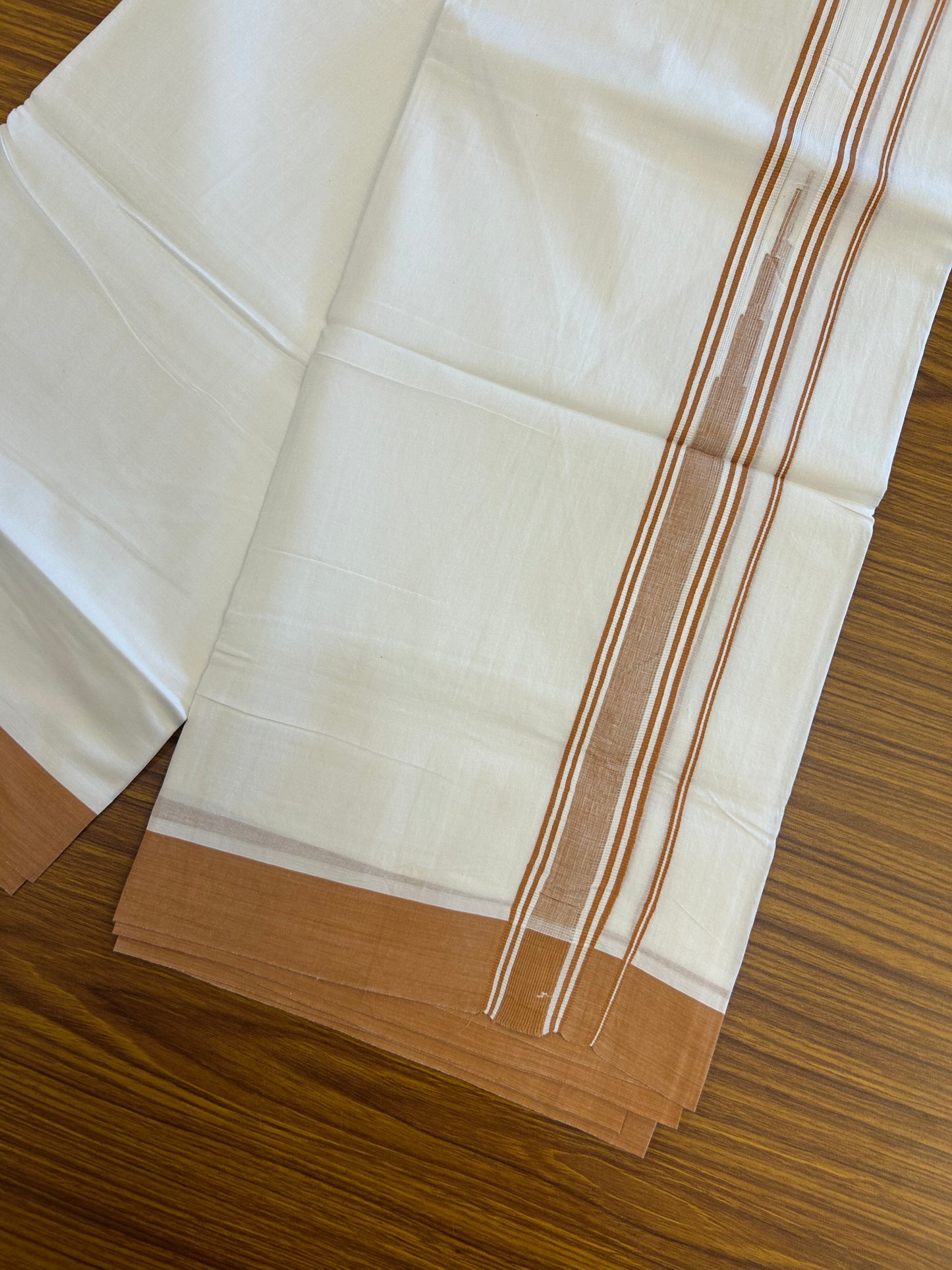 20% Discount ! Kaitharikada Balaramapuram 100% Pure Cotton Double Pure White Mundu/Dhoti - 100x80 - 1.25 inch Orange Brown shaded striped Temple chutty 3.90 mtr (8.5 muzham) - 123 KK5361 PMC