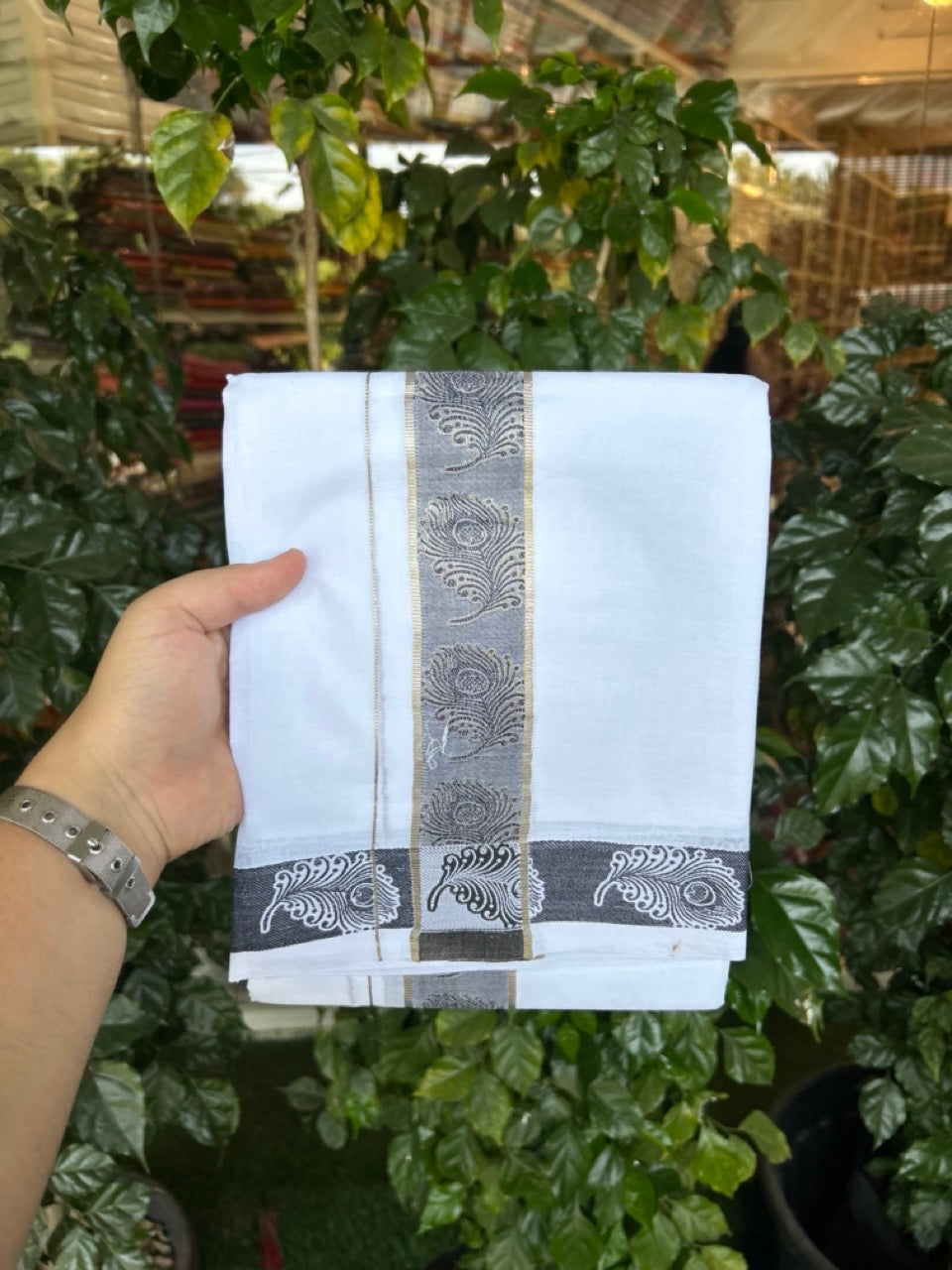 20% Discount ! Kaitharikada Balaramapuram 100% Pure Cotton Double Pure White Mundu/Dothi - 100x100 - 1.75 inch Silver Kasav Black Feather Design jacquard Kara 3.80 mtr (8 muzham) - 17 KK5306 THI